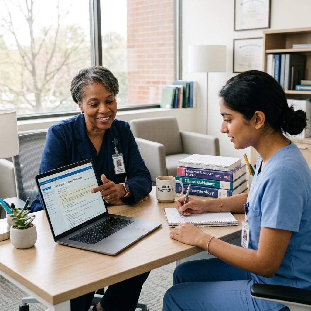 NP mentor guiding a student through clinical notes