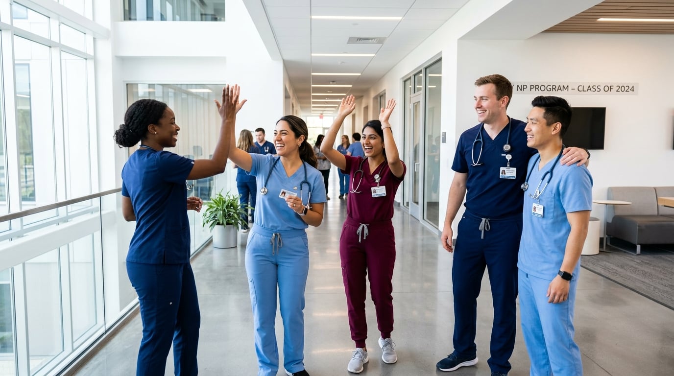 Nurse practitioner students celebrating board exam success together